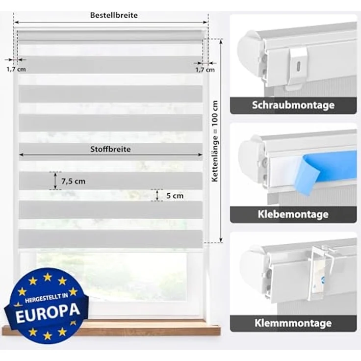 Doppelrollo 32,5 x 130 cm, hellgrau [Stoffbreite 29,1 cm], jalousiescout, blickdicht, mit Bohren/ohne Bohren, freihängend, Klemmen, Kleben und Schrauben OHNE Aufpreis, Lichtdurchlässig, Klemmträger, Feuchtraumgeeignet – Bild 2