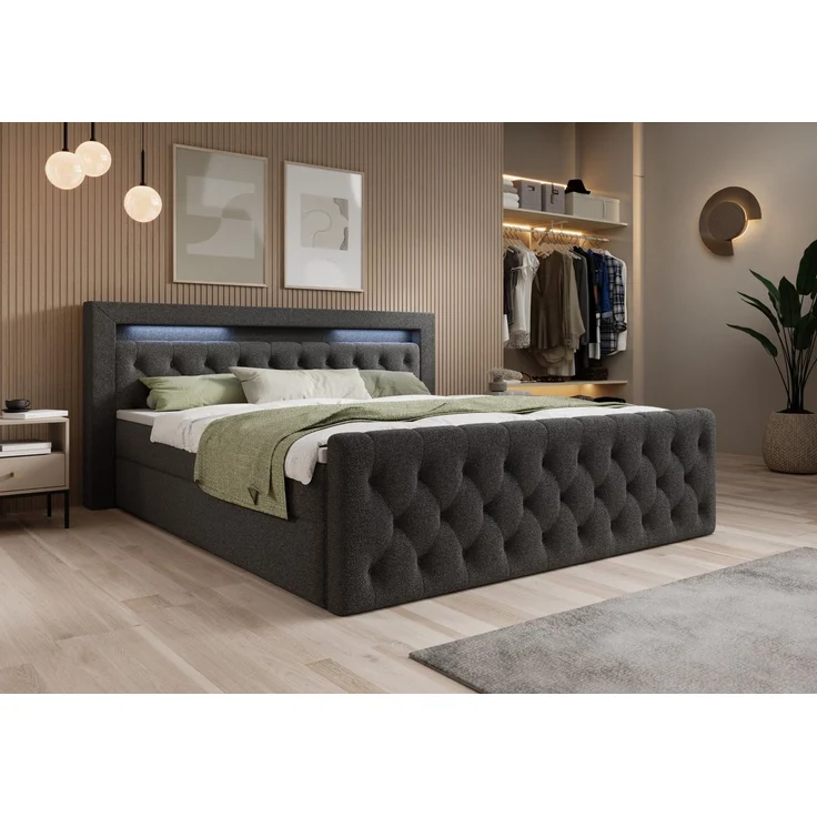 thematys Boxbett LED mit Bettkasten 140x200cm, mit Bonnellfederkernmatratze H3, Bouclé/Velours, mit Stauraum, mit 3 cm Topper, Dunkelgrau (Quelle 92), Art.-Nr. S04JN0YRJ1H – Bild 3