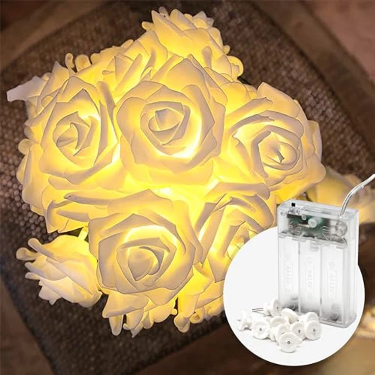 COZY HOME LED-Lichterkette Rosen Lichterkette Batterie & Stecker -, 5 Meter & 20 Blumen LED Warmweiß I Batterie&Stecker I Innenanwendung – Bild 2