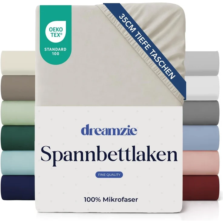 Dreamzie Spannbettlaken 90x200 cm - 35 cm Tiefe Tasche - 100% Mikrofaser Bettlaken - Beige, Schadstoffgeprüft(Oeko TEX), Bettlaken mit Gummizug – Bild 1