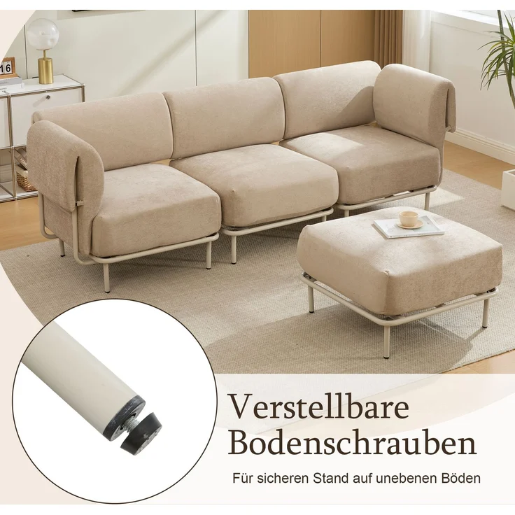 3-Sitzer Sofa mit Hocker, B 251 x T 155 x H 78 cm, Chenille in Khaki, modular – Bild 6