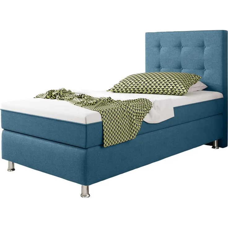 Boxspringbett KN0023 90x200 cm Webstoff Blau mit Topper-Optik