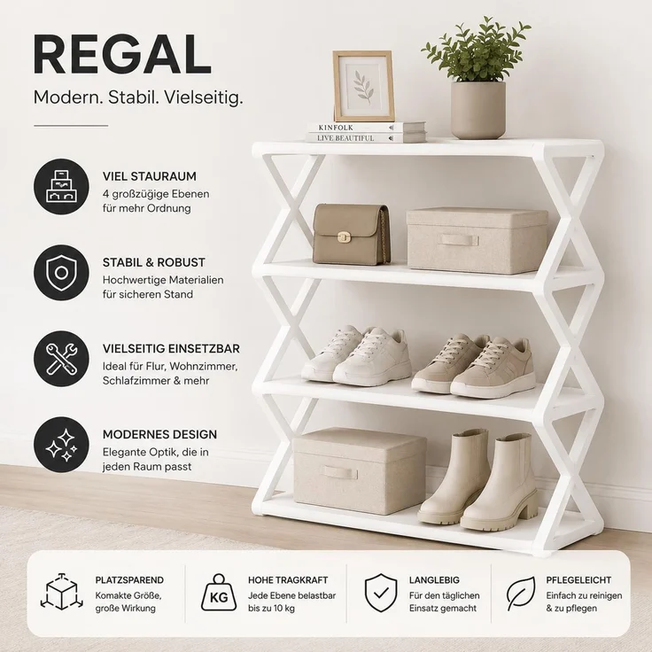 Bücherregal, Schuhregal, Wohnzimmerregal, Aufbewahrungsregal, Schuhschrank, 50x42 cm, weiß – Bild 2