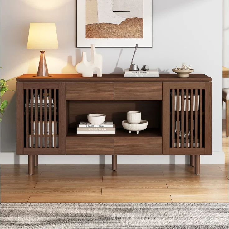 DESVIAE Sideboard Walnussholzfarbe aus MDF – 140x71x35 cm – 4 Schubladen, Lamellentüren – Bild 2