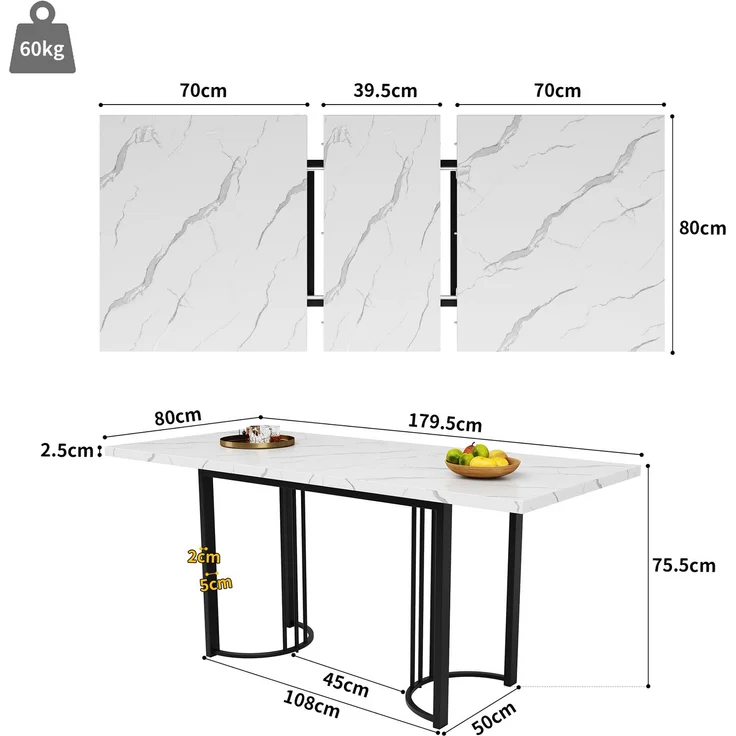 Ausziehbarer Esstisch 140–179,5 cm mit MDF-Tischplatte, stabiler Metallrahmen, erweiterbarer Tisch für 6–8 Personen, Multifunktionstisch – Bild 7