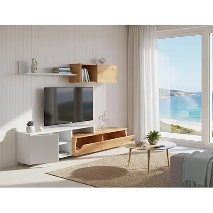 Dmora - Wohnzimmermöbel Miami, Wohnmöbel mit umkehrbarem TV-Ständer, Wohnzimmerkomposition mit Schrankwand und Regal, 220 x 40 x 44 cm, Eiche mit Asteffekt und Weiß – Bild 9