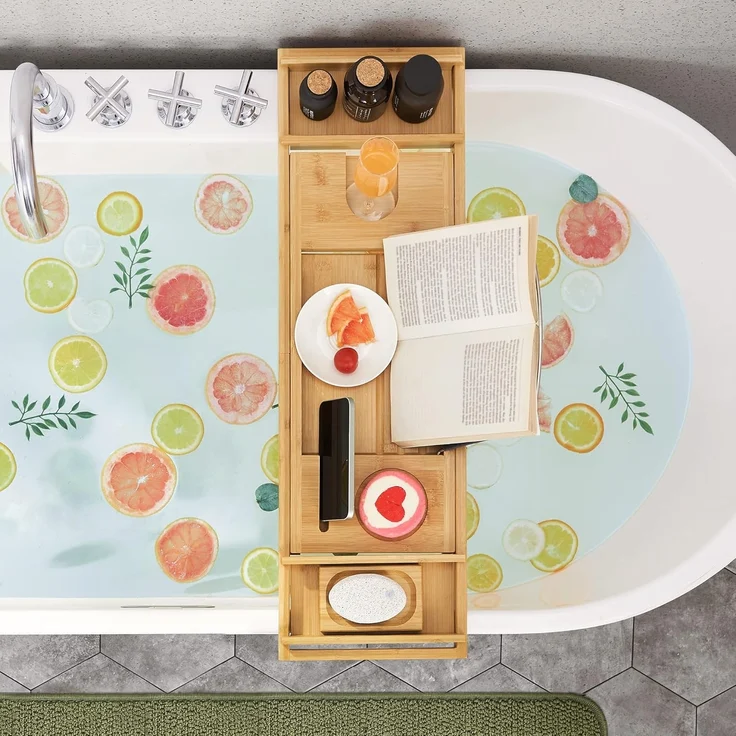Badewannenablage aus Bambus, ausziehbar, verstellbares Badewannenbrett, Ablage für Badewannen, mit Getränkehalter, Handy-Stütze, Seifenablage, (75-109) x 23 x 4,5 cm, naturfarben BCB88Y – Bild 3