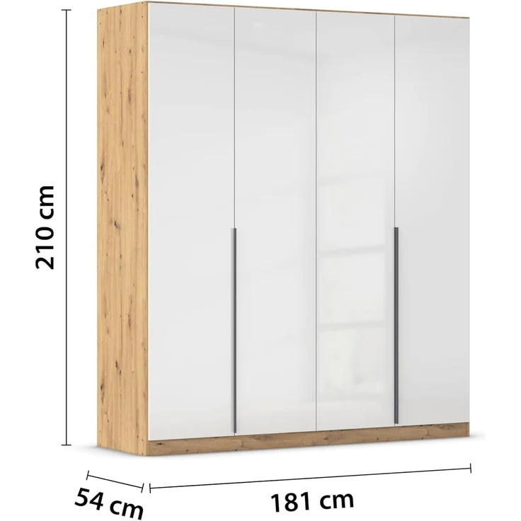 Rauch Möbel Alabama, Kleiderschrank, Garderobenschrank, 4-türig, Zubehör Classic, 2 Kleiderstangen, 5 Einlegeböden, Farbe Hochglanz Weiß/Eiche Artisan, Holz, Griff Grau metallic, 181 x 210 x 57 cm – Bild 3