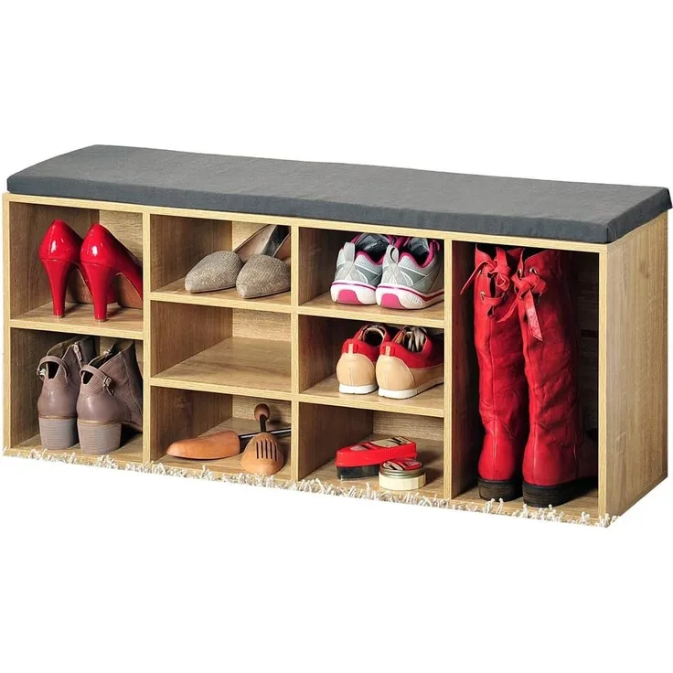 Schuhschrank mit Sitzkissen, Holzschuhschrank, Schuhregal, Eichedekor, FSC