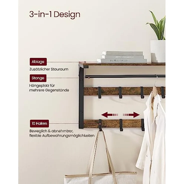 VASAGLE Wandgarderobe, mit Ablage, Wandregal mit 10 abnehmbaren Haken, Hängeregal, Wandmontage, 2 Garderobenleisten, Kleiderstange, für Flur, Schlafzimmer, Badezimmer, vintagebraun-schwarz LCR201B01 – Bild 4
