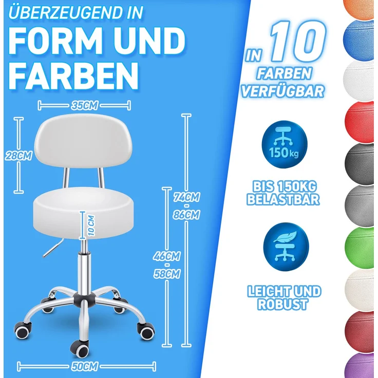 TRESKO® Rollhocker mit Lehne Weiß | Arbeitshocker höhenverstellbar 47-60 cm | Drehhocker mit Rollen | Bürostuhl Hocker Drehstuhl Kosmetikhocker – Bild 2