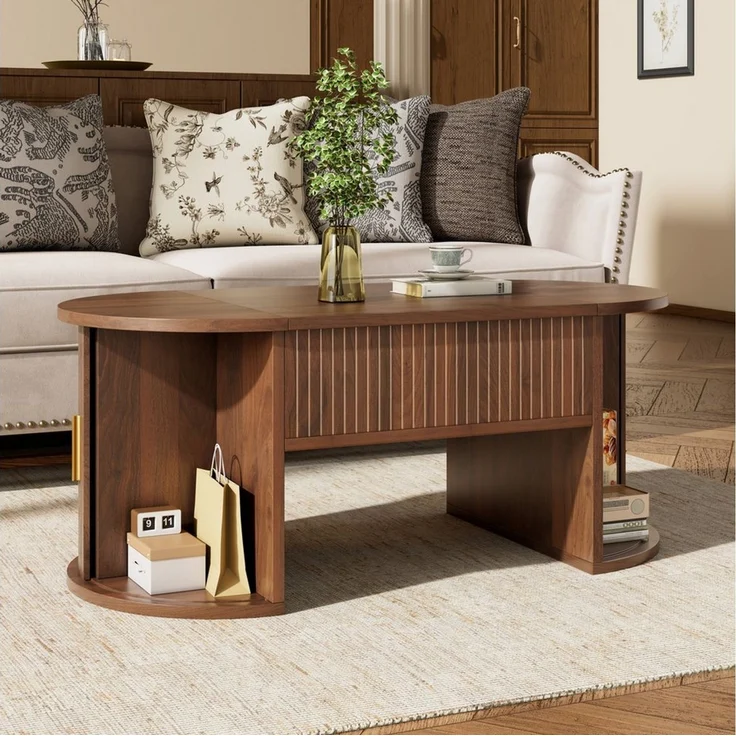 HAUSS SPOLE Couchtisch höhenverstellbar Sofatisch mit Schiebetüren,Stauraum,Nussbaum (Multifunktionstisch Wohnzimmertisch mit höhenverstellbarer Tischplatte und zwei Schiebetüren), Sofa-Beistelltisch mit abgerundeten Kanten – Bild 4