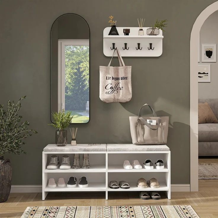 Roomart LENA Garderobenset 3-teilig – Sitzbank 120 cm, Wandgarderobe & Bogenspiegel – Flurgarderobe – H 50 x B 120 x T 37 cm (Sitzbank) • Weiß – Bild 2