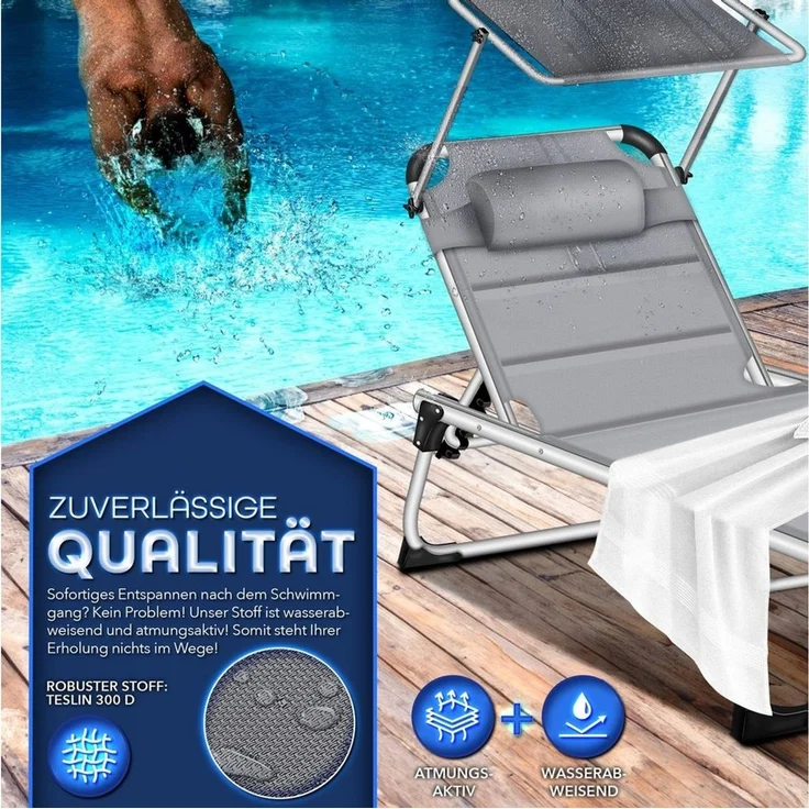 tillvex® Sonnenliege mit Dach und Kopfkissen Grau - Premium Polsterung | Gartenliege Liegestuhl klappbar | Strandliege mit verstellbarer Rückenlehne, gepolsterte Liegefläche | Aluminium Liege – Bild 3