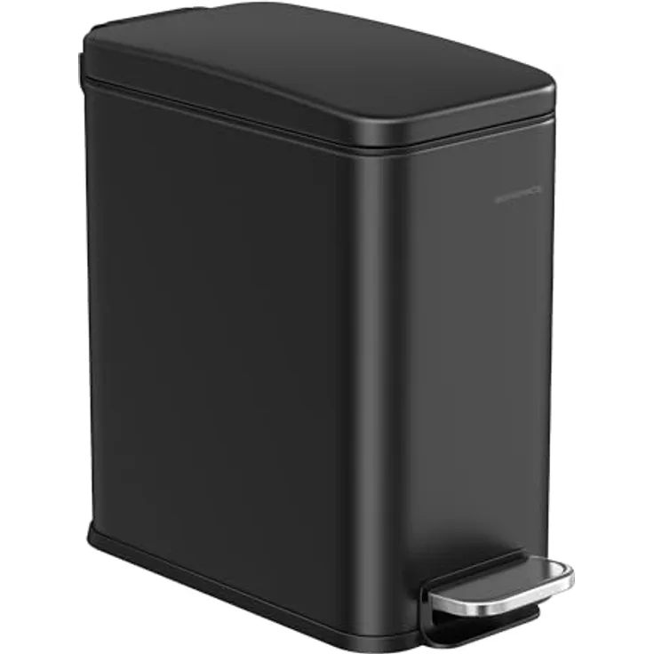 SONGMICS Kosmetikeimer LTB561B10, 10 Liter Tretmülleimer aus Stahl, schmal mit Softclose-Deckel, schwarz, ideal für kleine Räume