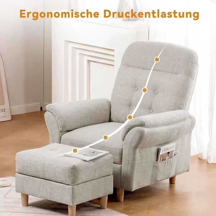 COMHOMA Relaxsessel Fernsehsessel mit Verstellbarer Rückenlehne 4-Gang-Verstellung bis 160°,Federkissen mit Hocker Einzelliege Sessel Wohnzimmer Schlafzimmer Heimkino Leinen, BEIGE – Bild 9