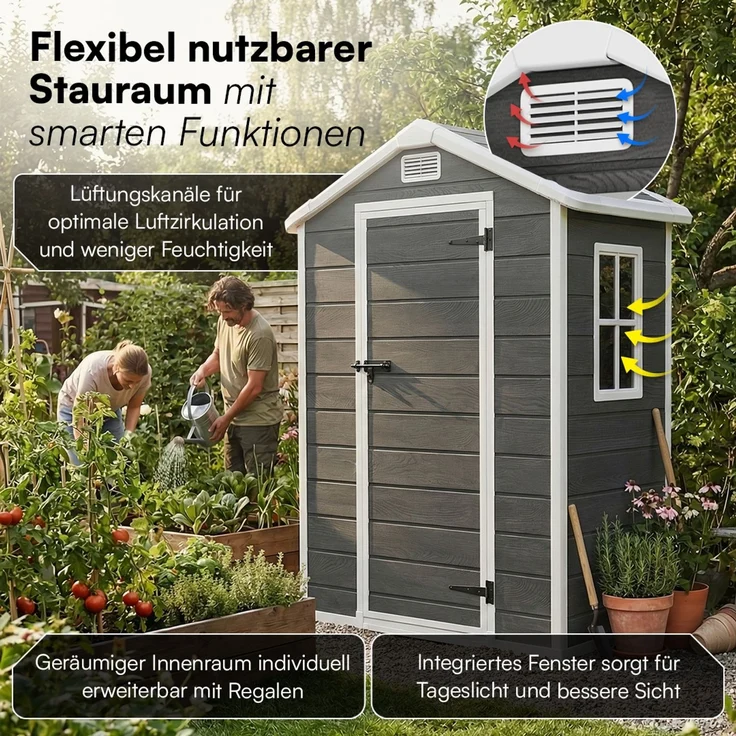 STEELSØN 'Novara' Gerätehaus Satteldach, Kunststoff, dunkelgrau mit Holzoptik, wetterfest, 202x103x134 cm, abschließbar, Gartenhaus mit Fenster – Bild 5