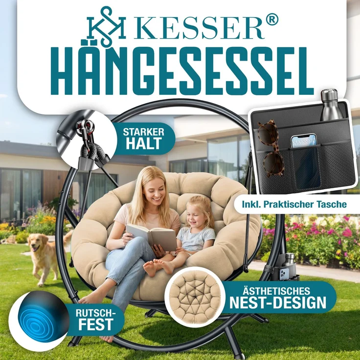 KESSER® Hängesessel mit Gestell BALI Hängeschaukel Hängestuhl bis 150kg für Indoor und Outdoor + Kissen & Seitentasche Hängekorb Stahlgestell & Schaumstoff Sitzpolster ideal für Wohnzimmer & Garten Beige – Bild 9