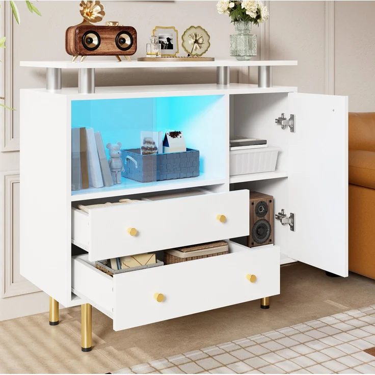 DESVIAE Sideboard mit LED-Beleuchtung und Glastüren 80x80x35 cm Spanplatte Weiß – Bild 2
