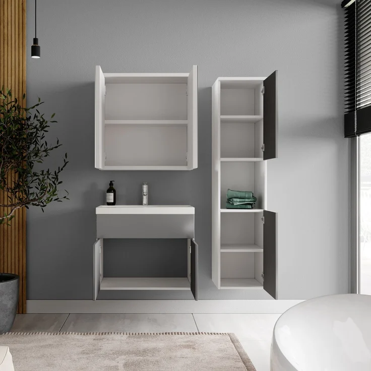 Badplaats Badmöbel Komplettset Montreal 60x35 cm Weiß mit Grau Hochglanz - Badezimmermöbel mit Waschbecken, Spiegelschrank und Badezimmerschrank – Bild 3
