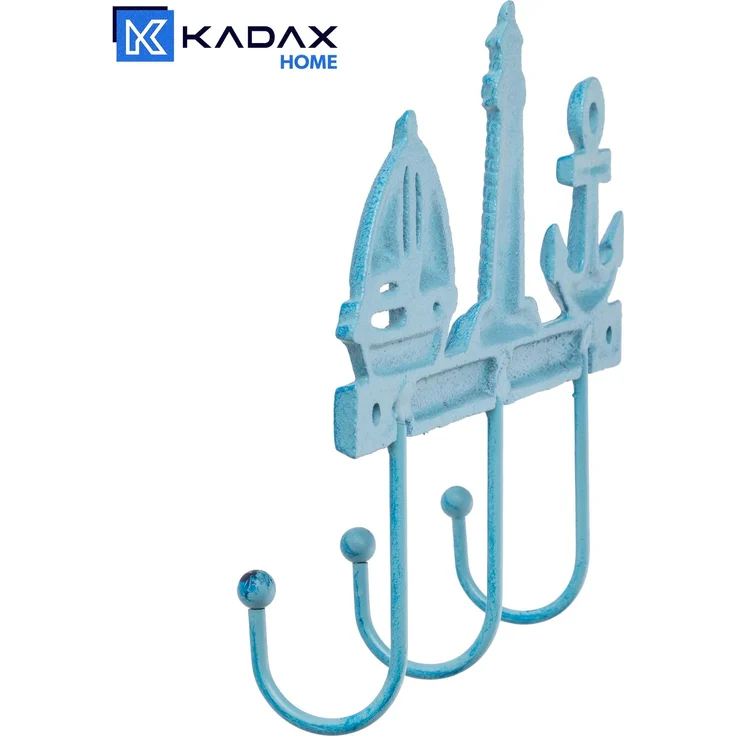 KADAX Maritime Hakenleiste aus Gusseisen 20 x 18 cm, Wandgarderobe mit 3 Haken, Kleiderhaken für Bad & Strandhaus, Garderobenleiste zur Wandmontage (Blau) – Bild 7