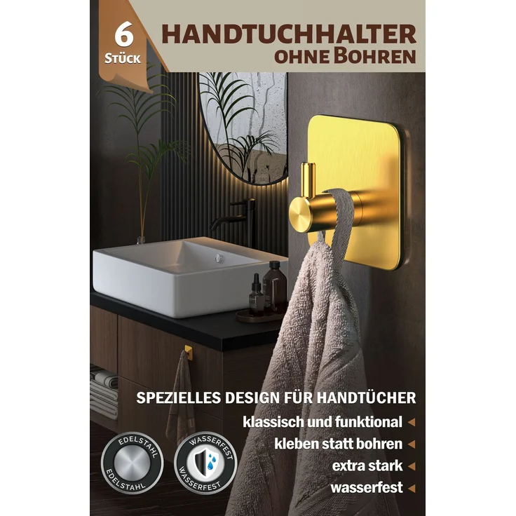 Lindenstein Selbstklebende Handtuchhaken 6er-Set Gold – Edelstahl 304, bis 10 kg – Bild 2