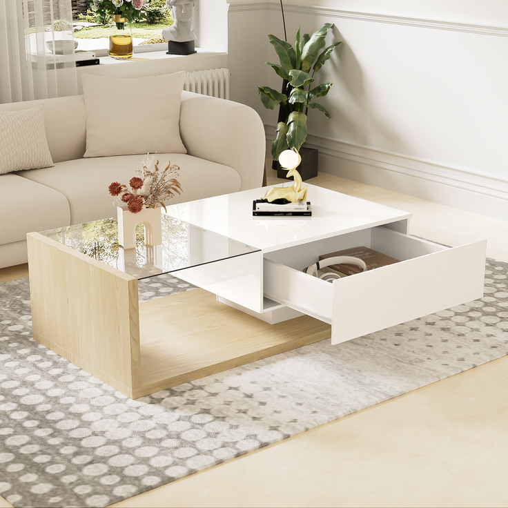 Couchtisch aus Spanplatte mit Glasplatte & LED-Licht, 105x55x32,5 cm, Weiß/Natural – Bild 4