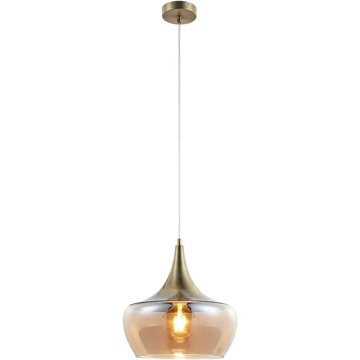 Hängeleuchte, messing antik, Glas amberfarben, H 150 cm