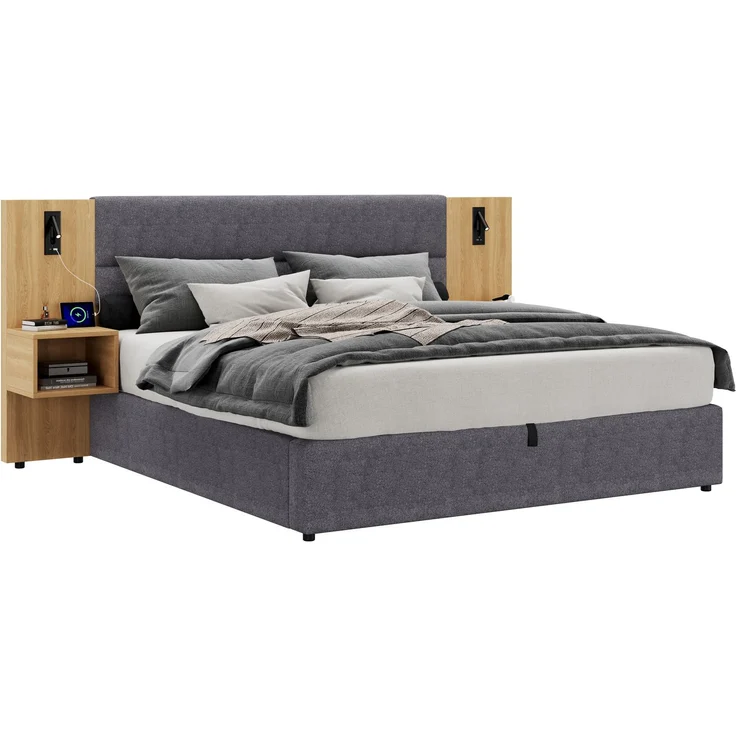 Polsterbett 160 x 200 cm, hydraulisches Breitohrbett mit USB-Anschluss, mit Beleuchtung, inklusive zwei Nachttischen mit Stauraum, Holzlattenrost, einfacher Aufbau, Samt, Grau + Natur--Natur + Grau--198x30x18cm--YOUDENOVA – Bild 10