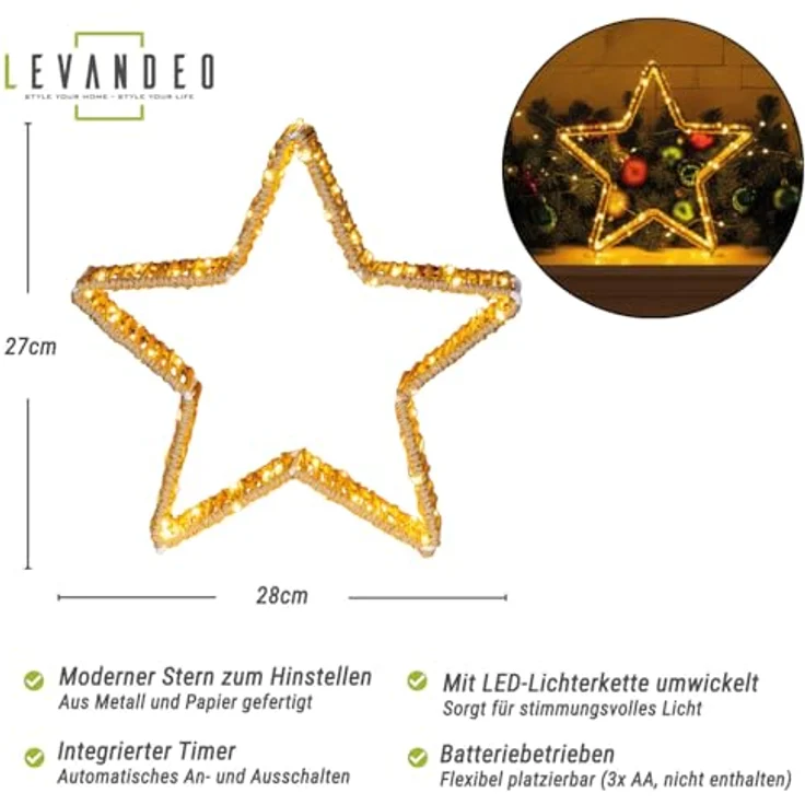 Levandeo® LED Stern, LED Dekoleuchte Stern H27cm Leuchtstern Weihnachten Weihnachtsdeko – Bild 3