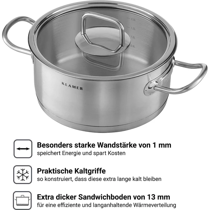 KLAMER Premium Edelstahl Kochtopf-Set, Kochtopf Set mit Glasdeckel, Töpfe Set unbeschichtet, Induktionstöpfe-Set Set, 4-teilig – Bild 5