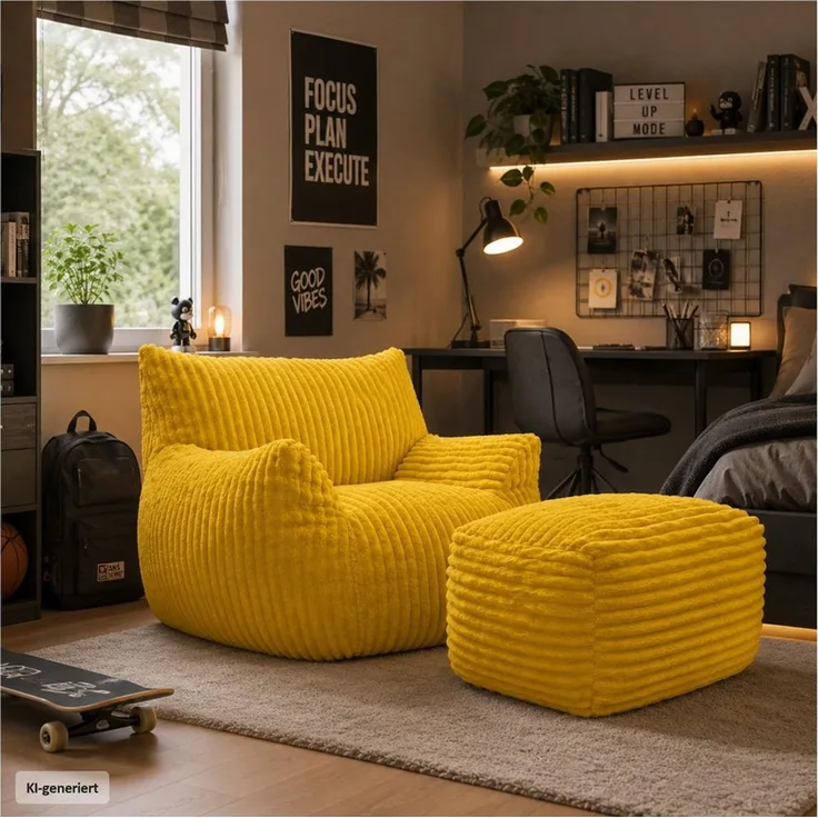 HTI-Living Loungesessel Softsessel Adina mit Hocker Gelb Sitzsack Bodensessel 103 x 70 x 90 cm (Set, 2-St), gemütliche Sitzhöhe