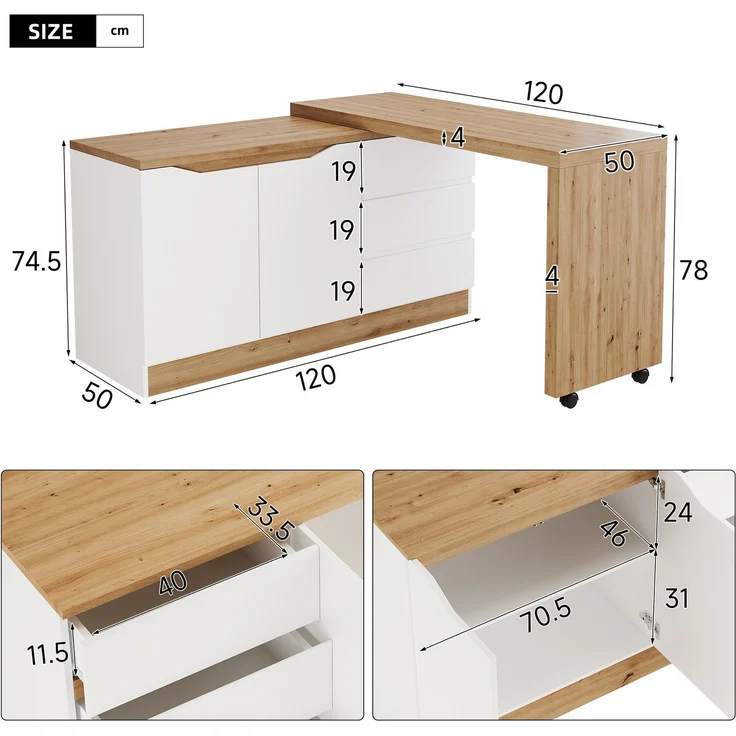 ZUBALIYA Schreibtisch mit feststellbaren Rollen – multifunktionales Design, 4 cm dickere, drehbare Tischplatte, fest arretierbar, weiß/Eiche, Faltbarer Schreibtisch, Eckschreibtisch, Sideboard,Dicke Materialie – Modell N880P4642134O – Bild 6