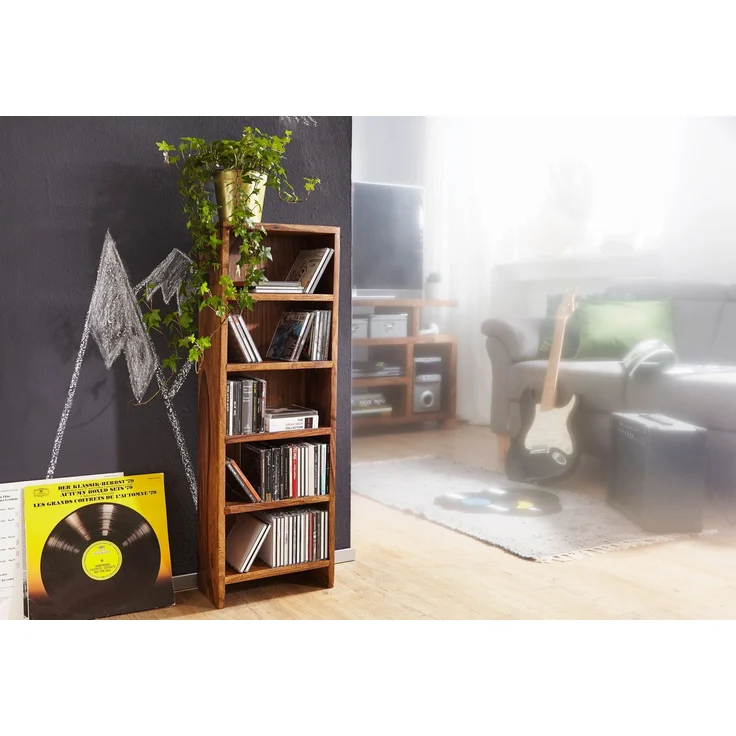 CD Regal MUMBAI Massivholz Sheesham Standregal 90 cm hoch CD-Aufbewahrung 5 Fächer Bücherregal natur Landhaus-Stil – Bild 6