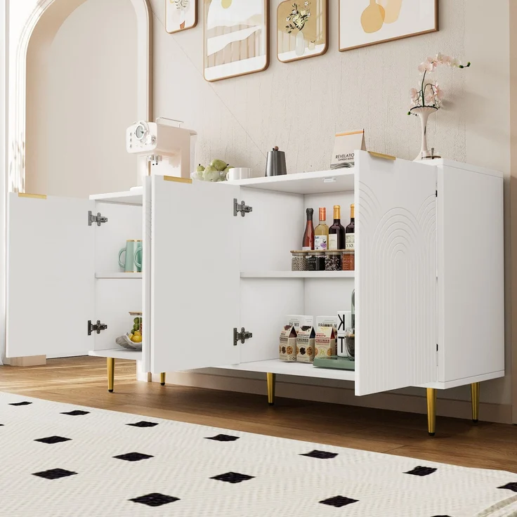 DESVIAE Sideboard mit 4 Türen und verstellbaren Einlegeböden 160x80x40 cm MDF/Spanplatte Weiß – Bild 3