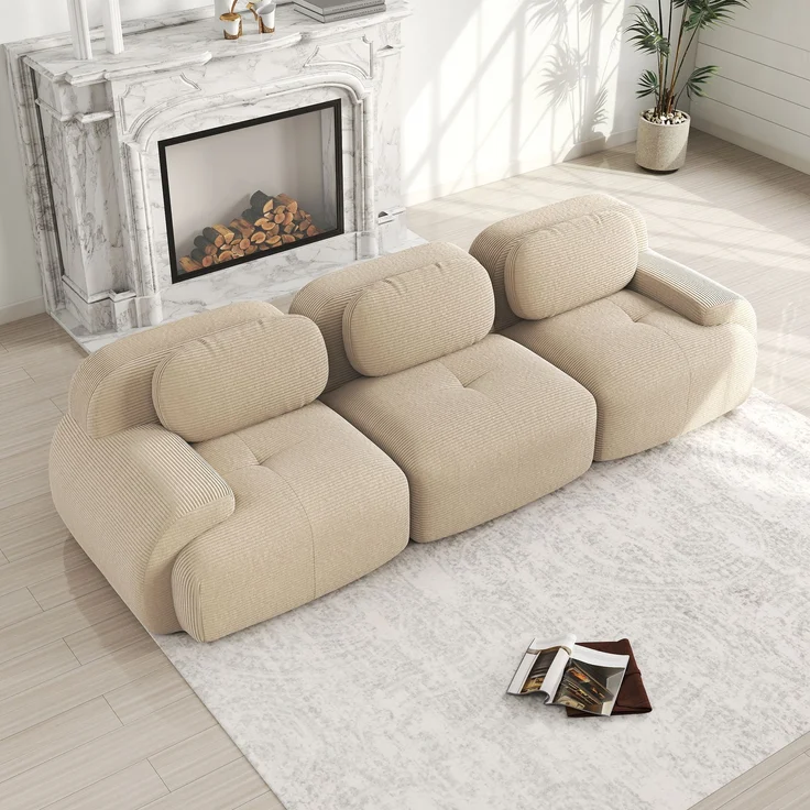 3-Sitzer-Sofa aus Premium-Cordstoff,modular kombinierbar rutschfest ohne Montage ergonomische Armlehnen und hochelastische Polsterung für Wohnzimmer und Schlafzimmer,Premium-Cordstoff,Beige, – Bild 3