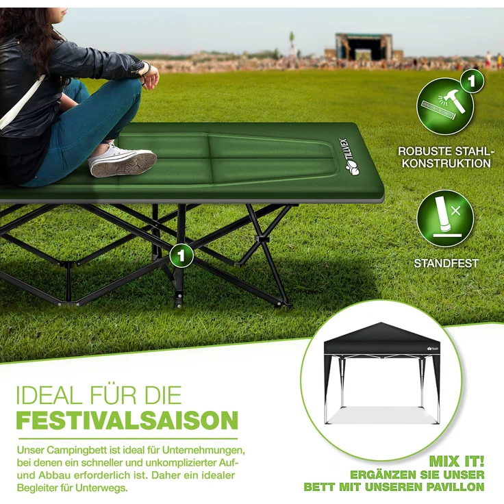 tillvex® Campingbett Grün 210 x 80 x 40 cm klappbar mit Tragetasche bis 280 kg | Campingliege extra breit | Feldbett Karpfenliege für Outdoor & Indoor | Klappbett Gästebett faltbar Garten Camping Angeln Festival Reise – Bild 10