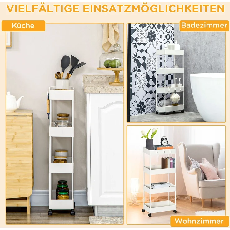 Küchenwagen aus Stahl und ABS, 4 Ebenen mit Rollen, 40x19x90 cm, Weiß – Bild 4