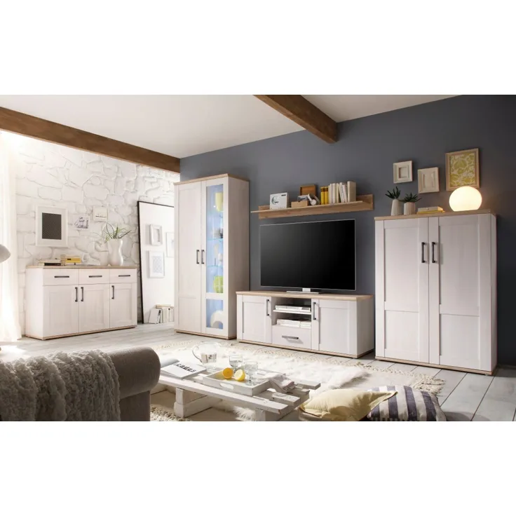 moebel-dich-auf Wohnwand ELEGANCE, (in Sibiu-Lärche Nb. Absetzung: San Remo hell, Vitrine + Wandboard + Lowboard + Stauraumelement), im Landhausstil inkl. LED-Beleuchtung