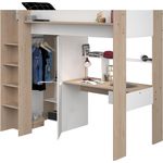 Hochbett HEAVY 2, Weiß/Eiche, mit Leiter, Kleiderschrank, 3 Fächer, Kleiderstange, Schreibtisch, max. Belastbarkeit: 80 kg