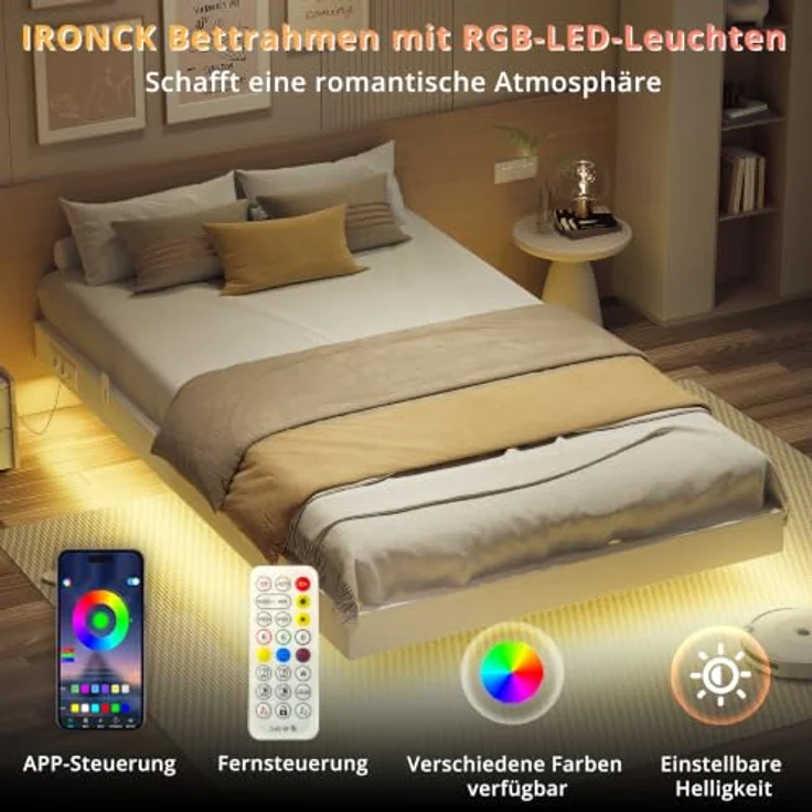IRONCK Bettgestell 120x200 cm, Schwebender Bett mit LED Beleuchtung, Gepolsterte Seitenwände, 2 AC-Steckdosen, 2 USB-A-Anschluss, 1 USB-C-Anschluss, Metallbett mit Lattenrost Einzelbett, Weiß – Bild 3