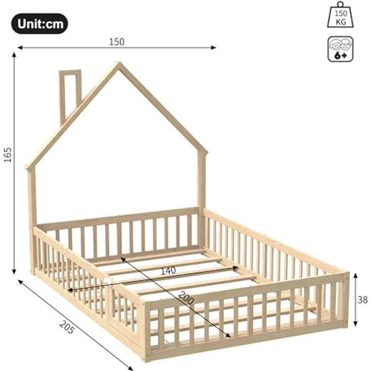 Ball & Cast Bodenbett (140x200 cm), Jugendbett und Hausbett mit Schornsteinform, Kinderbett 90x200 mit rausfallschutz, ohne Matratze, Natürlich – Bild 2