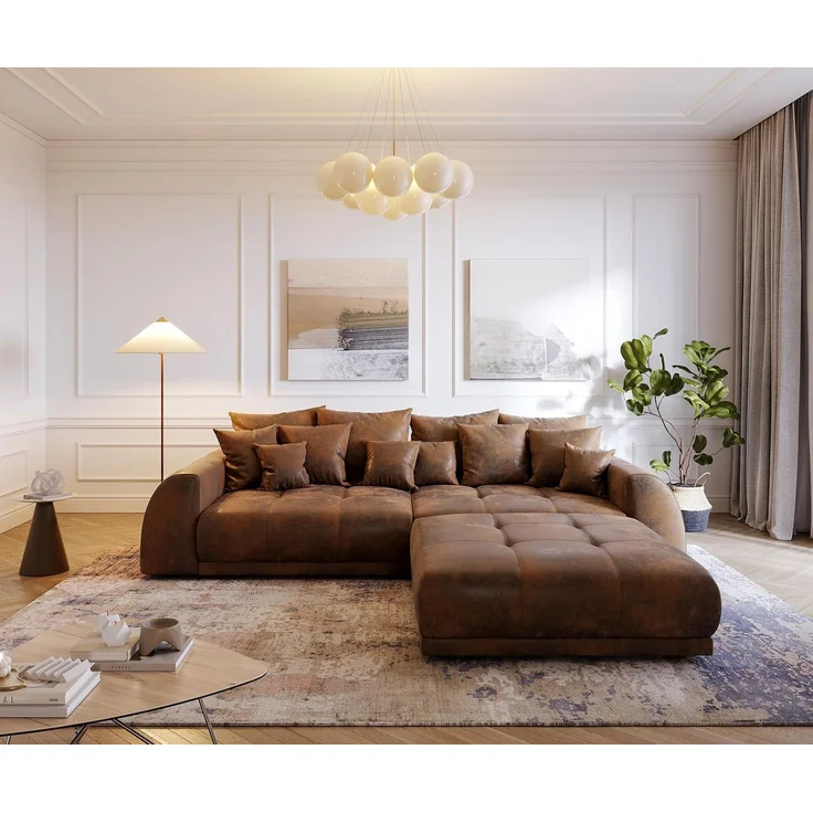 Delife 'Violetta' Big-Sofa, Mirkofaserstoff, 310 x 135 x 62 cm, Braun, mit Hocker – Bild 3