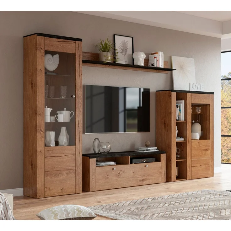 Home affaire Wohnwand Larona, Anbauwand, Set 4 Teilig, (Set, 4-St), bestehend aus 1 TV-Board, 1 Highboard, 1 Vitrine, 1 Wandregal – Bild 2