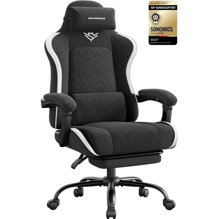 SONGMICS Gaming Stuhl Stoff, Bürostuhl, 150 KG Belastbar, Schwarz und Weiß | ergonomischer Gaming-Sessel, Schreibtischstuhl, Armlehnen mit Synchronmechanik, Tintenschwarz, CATHY Kollektion OBG079B501