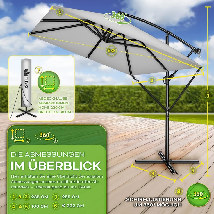 tillvex® Alu Sonnenschirm Rechteckig Ø 330 cm Grau + Abdeckung mit Kurbel | Ampelschirm Eckig mit Ständer & Windschutz | Gartenschirm UV-Schutz Aluminium | Kurbelschirm Marktschirm wasserdicht 360° drehbar – Bild 3
