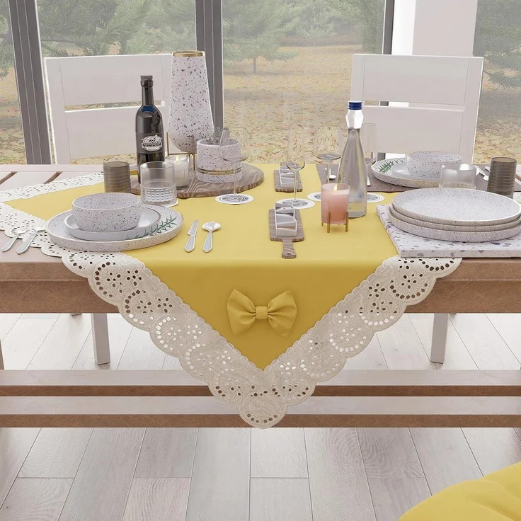 PETTI Artigiani Italiani - Elegante Mitteldecke, Tischdekoration für die Küche, unifarben mit Rüschen aus Sangallo-Spitze und Schleifen, Mittelstück aus Baumwolle, Mitteldecke 95x95 cm – Bild 1