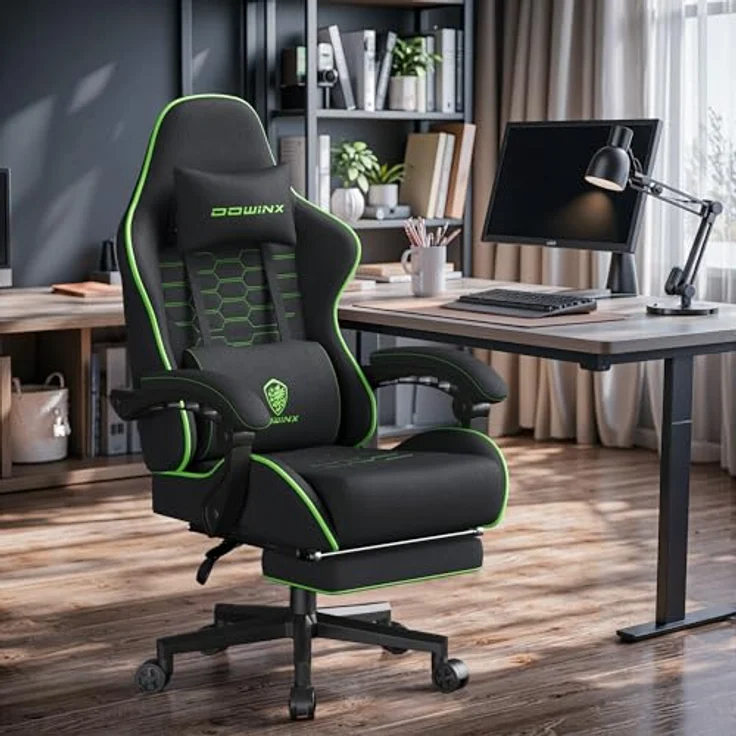 Dowinx Gaming Stuhl Tasche Frühling Kissen, Atmungsaktiver Bürostuhl aus Hochwertigem Stoff, Ergonomischer PC-Stuhl mit Kopfstütze, Drehbarer Schreibtischstuhl mit Fußstütze (Schwarz und Grün) – Bild 3