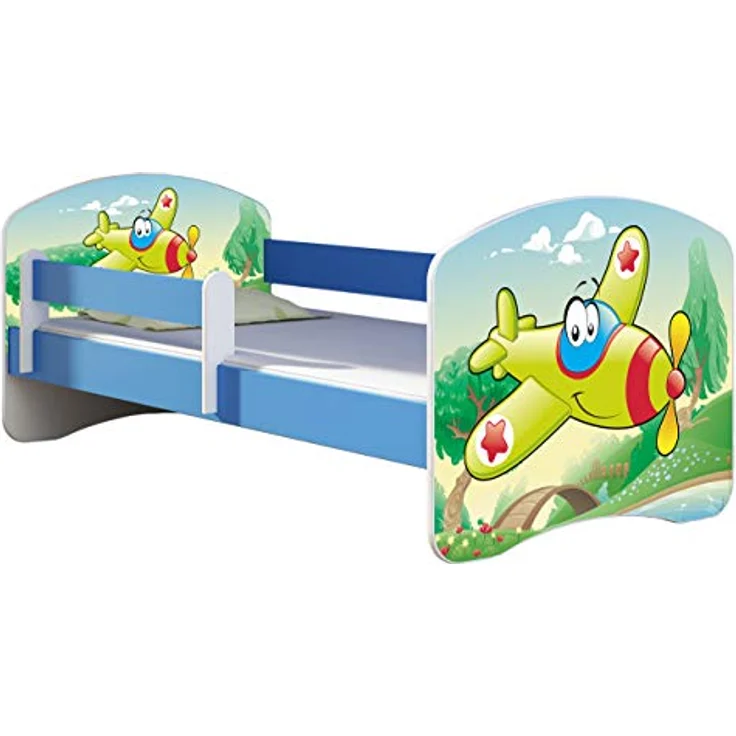 ACMA Kinderbett Jugendbett mit Einer Schublade und Matratze Blau mit Rausfallschutz Lattenrost II 140x70 160x80 180x80 (29 Flugzeug, 160x80) – Bild 2