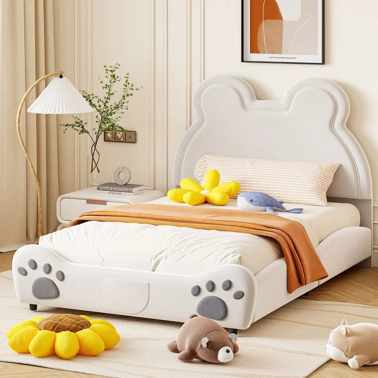 Polsterbett 140x200 cm in Bärenform – niedliches Kinderbett aus Velours, ohne Matratze – Bild 2